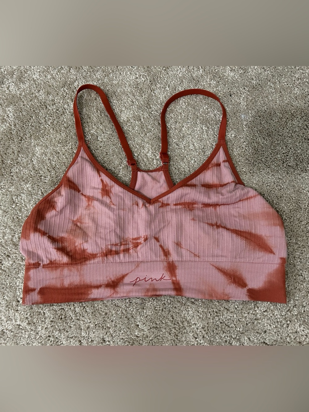 PINK Victoria's Secret Pink Ribbed Tie-Dye Bralette in Dusty Pink & Rust